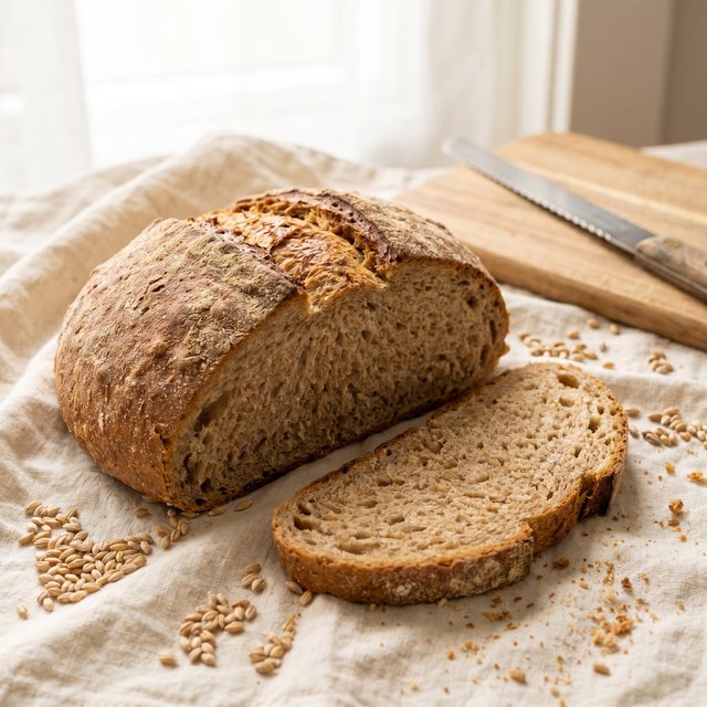 A rustic loaf of barley bread beside loose grains of barley.