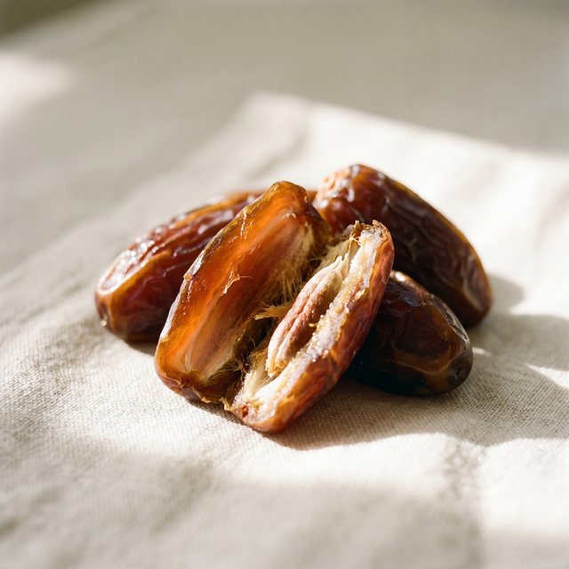 A cluster of soft, glossy Medjool dates in a shallow bowl.