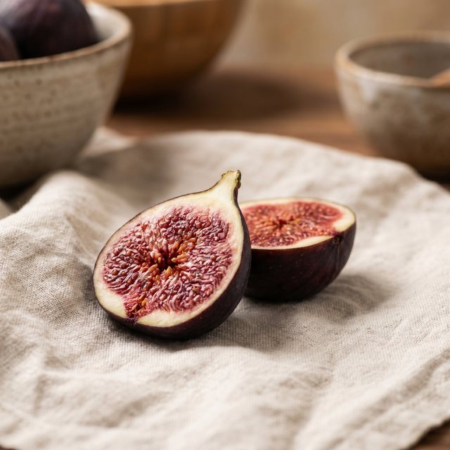 Fresh figs, one cut open to show the ripe red flesh.