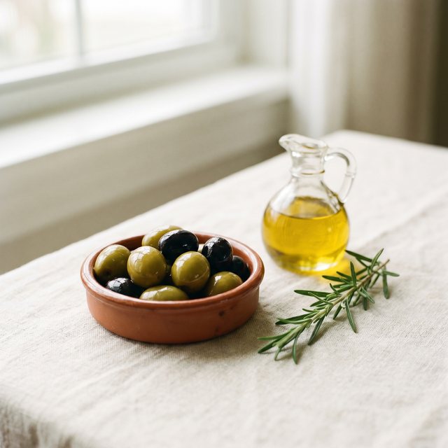Green and dark olives beside a small cruet of golden olive oil.
