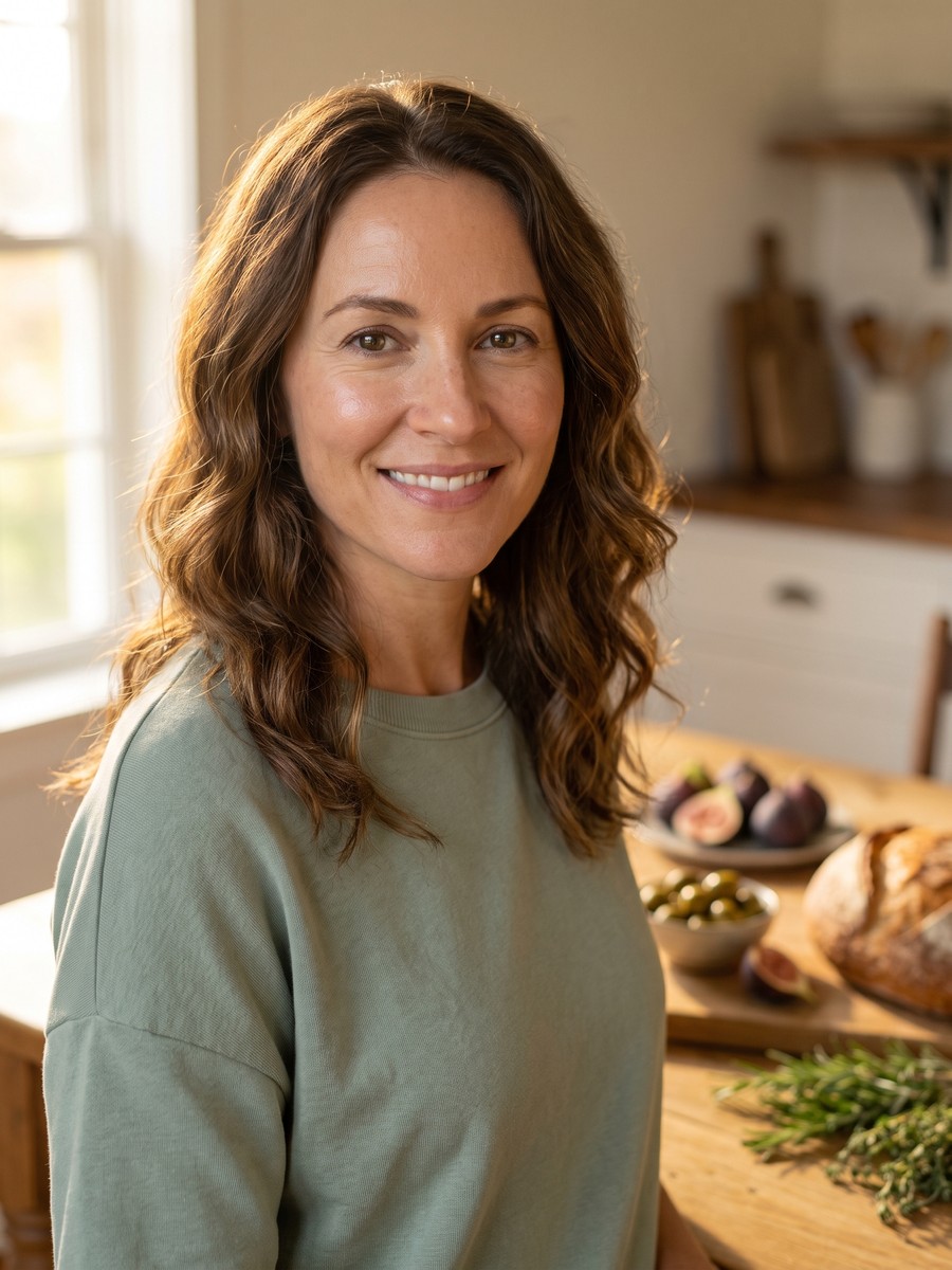 Miriam in her kitchen with whole foods on the table behind her, smiling warmly in a sage-green top.